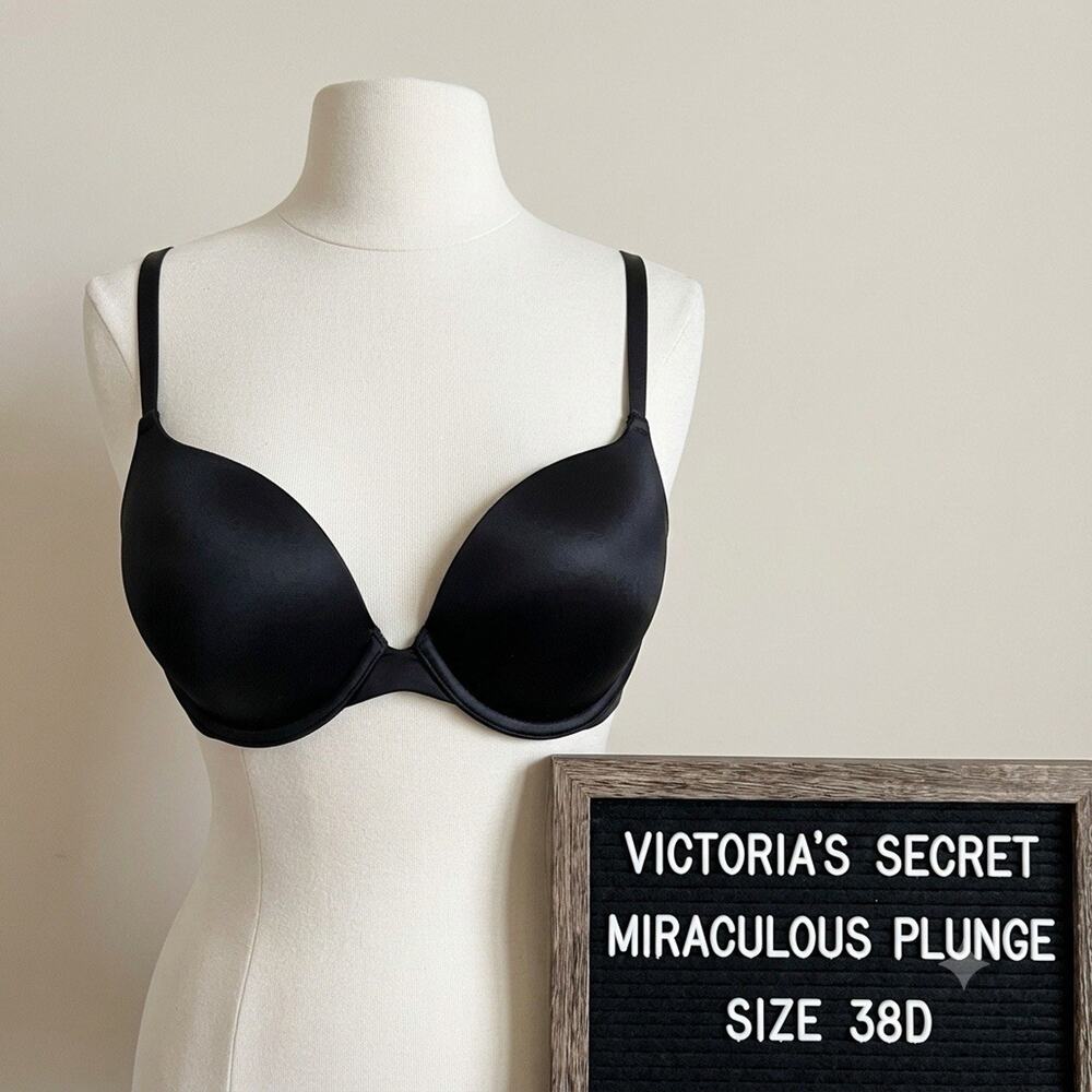 Victoria's Secret Miraculous Plunge Add 2 Cups Push Up Bra 38D Black Satin U/W
